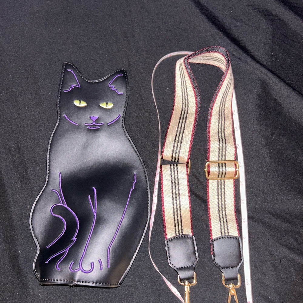 Black Cat Crossbody Bag with Striped Adjustable Strap